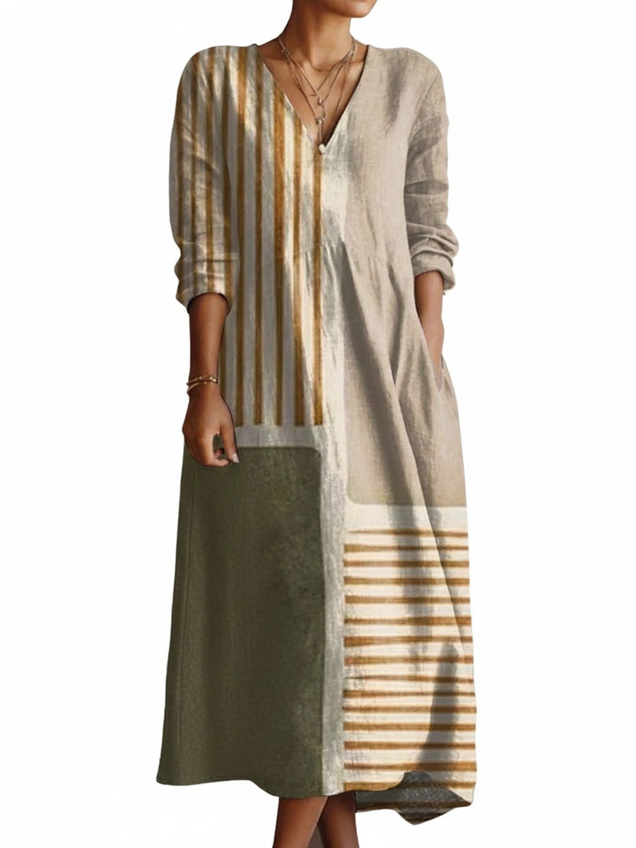 Women's Midi Dress Long Sleeve V-Neck with Colorblock Stripe Print and Pockets