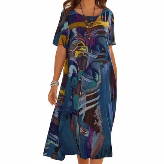 Women's Midi Dress Short Sleeve Round Neck with Abstract Art Print