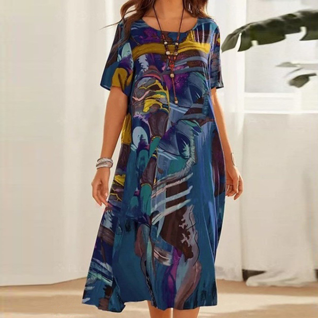 Women's Midi Dress Short Sleeve Round Neck with Abstract Art Print