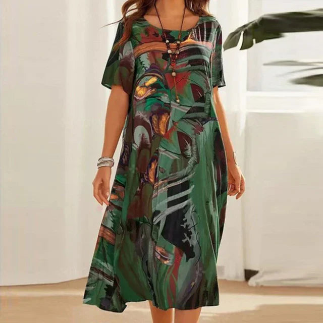 Women's Midi Dress Short Sleeve Round Neck with Abstract Art Print