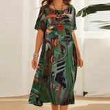 Women's Midi Dress Short Sleeve Round Neck with Abstract Art Print