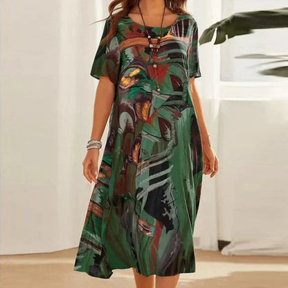 Women's Midi Dress Short Sleeve Round Neck with Abstract Art Print