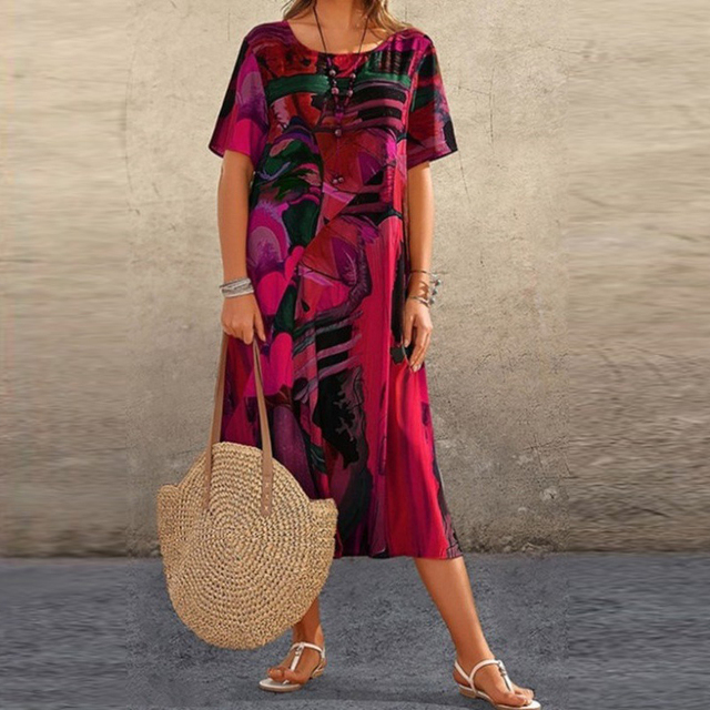 Women's Midi Dress Short Sleeve Round Neck with Abstract Art Print