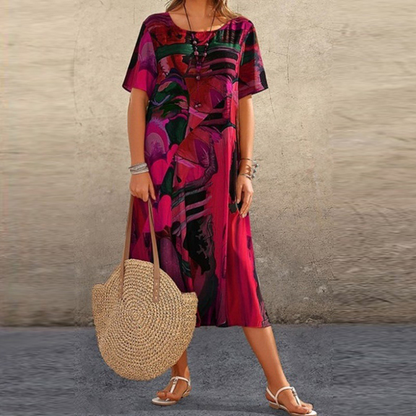 Women's Midi Dress Short Sleeve Round Neck with Abstract Art Print