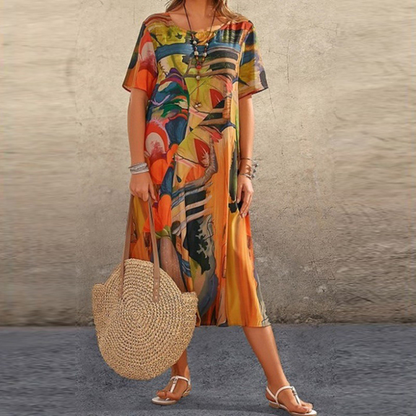 Women's Midi Dress Short Sleeve Round Neck with Abstract Art Print