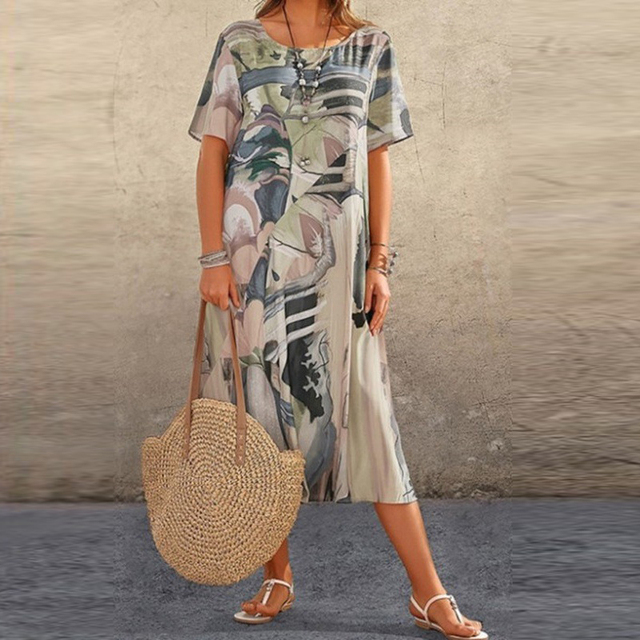 Women's Midi Dress Short Sleeve Round Neck with Abstract Art Print