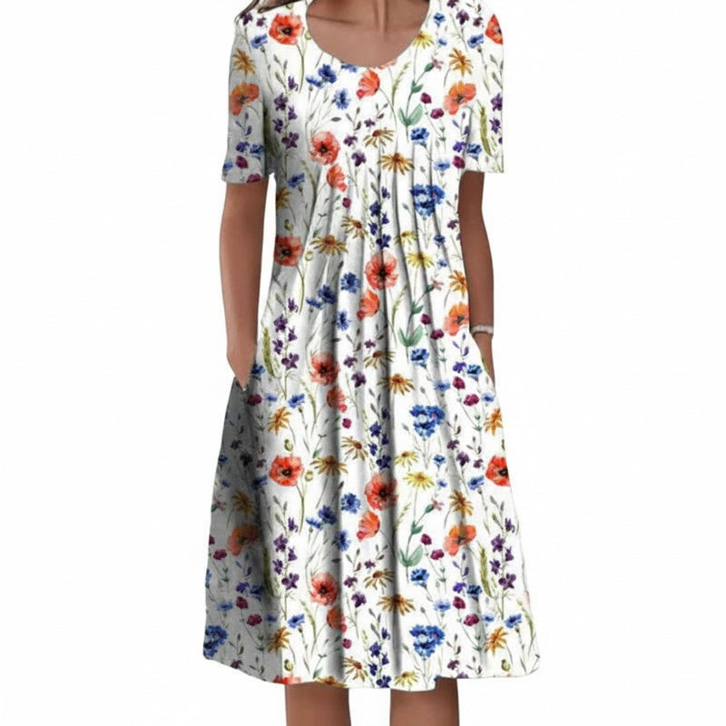 Women's Midi Dress Short Sleeve with Floral Print and Side Pockets