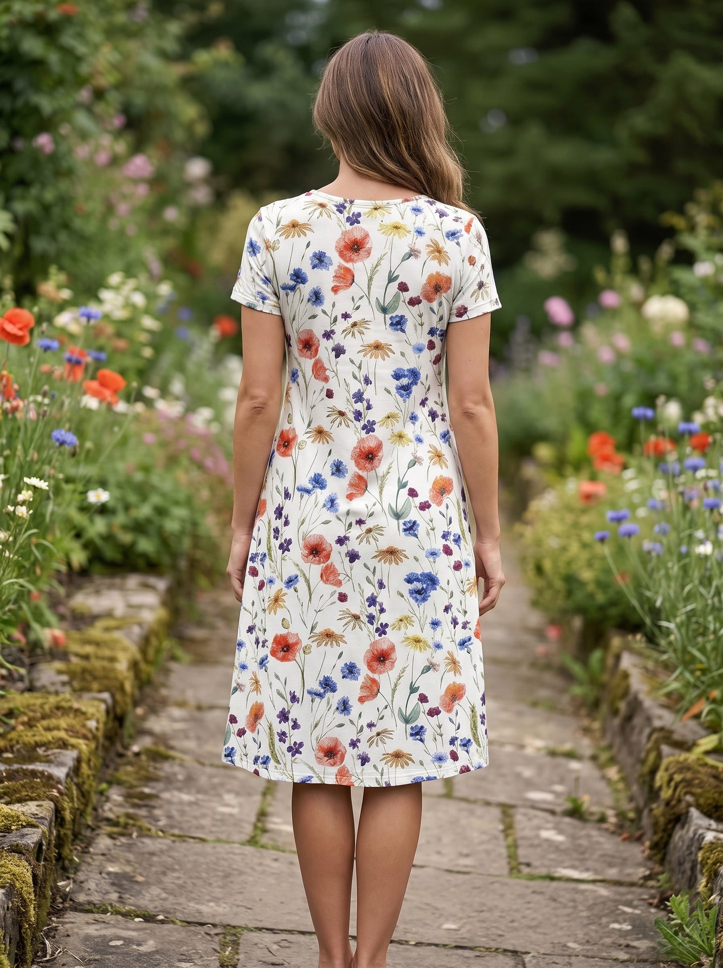 Women's Midi Dress Short Sleeve with Floral Print and Side Pockets