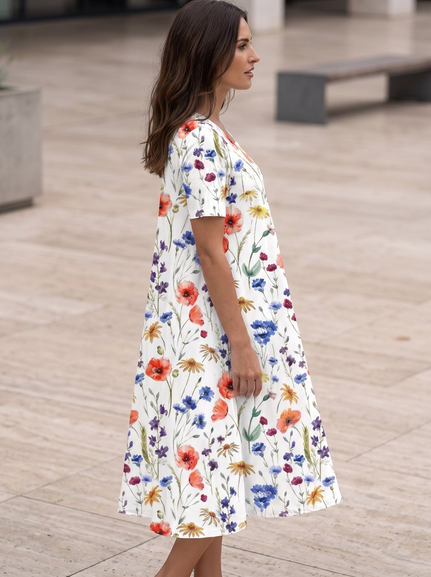Women's Midi Dress Short Sleeve with Floral Print and Side Pockets