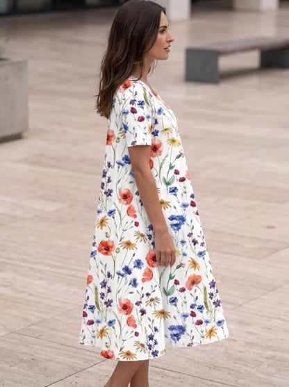 Women's Midi Dress Short Sleeve with Floral Print and Side Pockets
