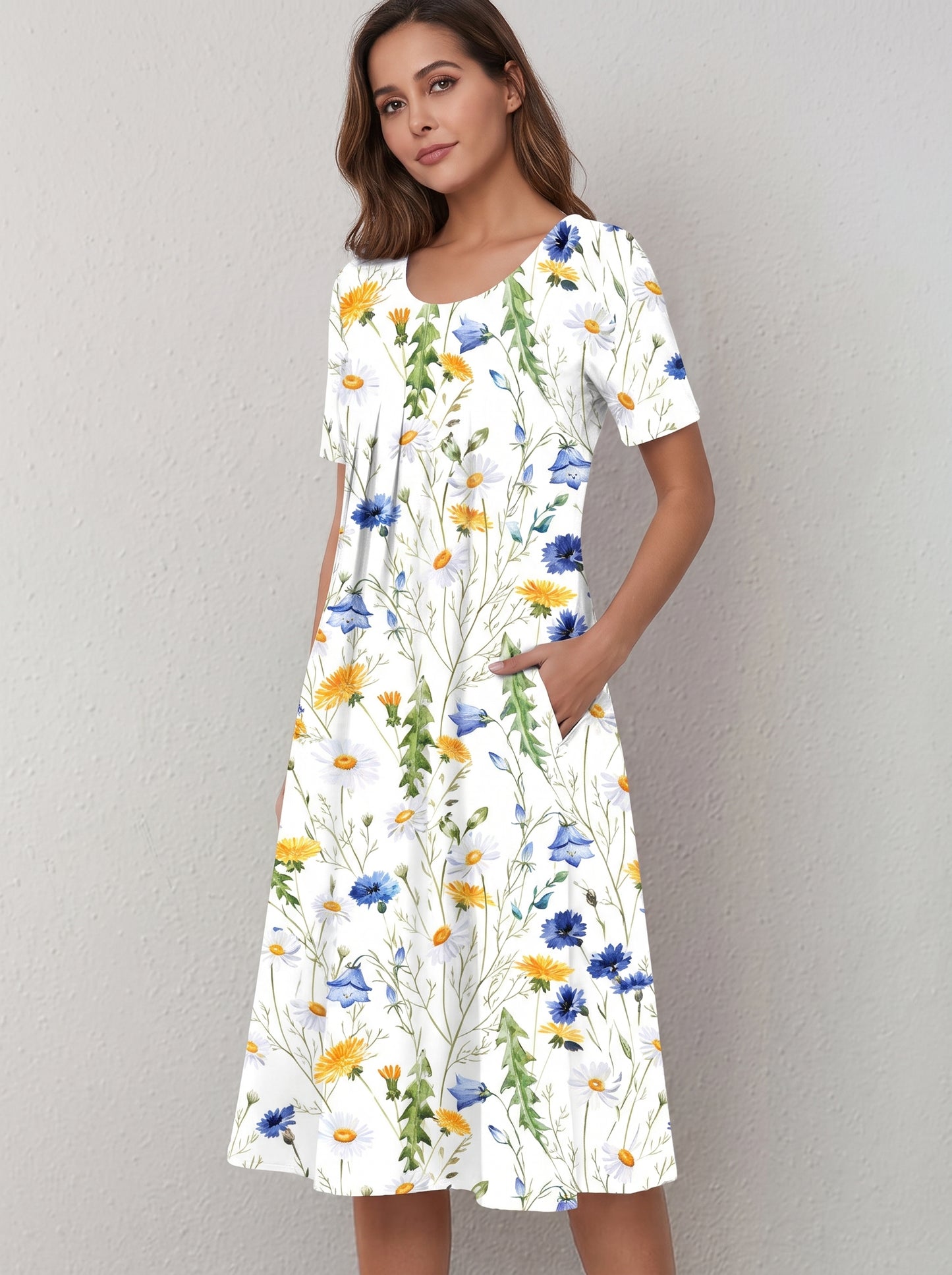 Women's Midi Dress Short Sleeve with Floral Print and Side Pockets