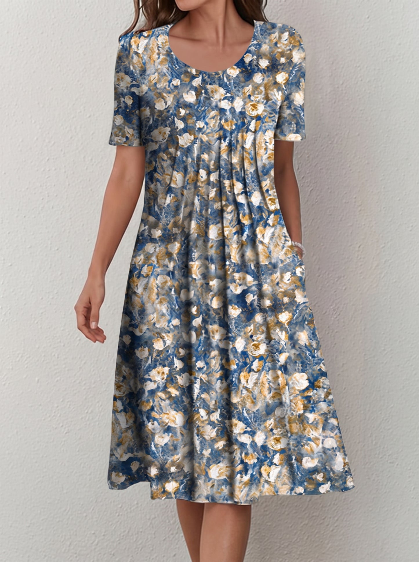 Women's Midi Dress Short Sleeve with Floral Print and Side Pockets