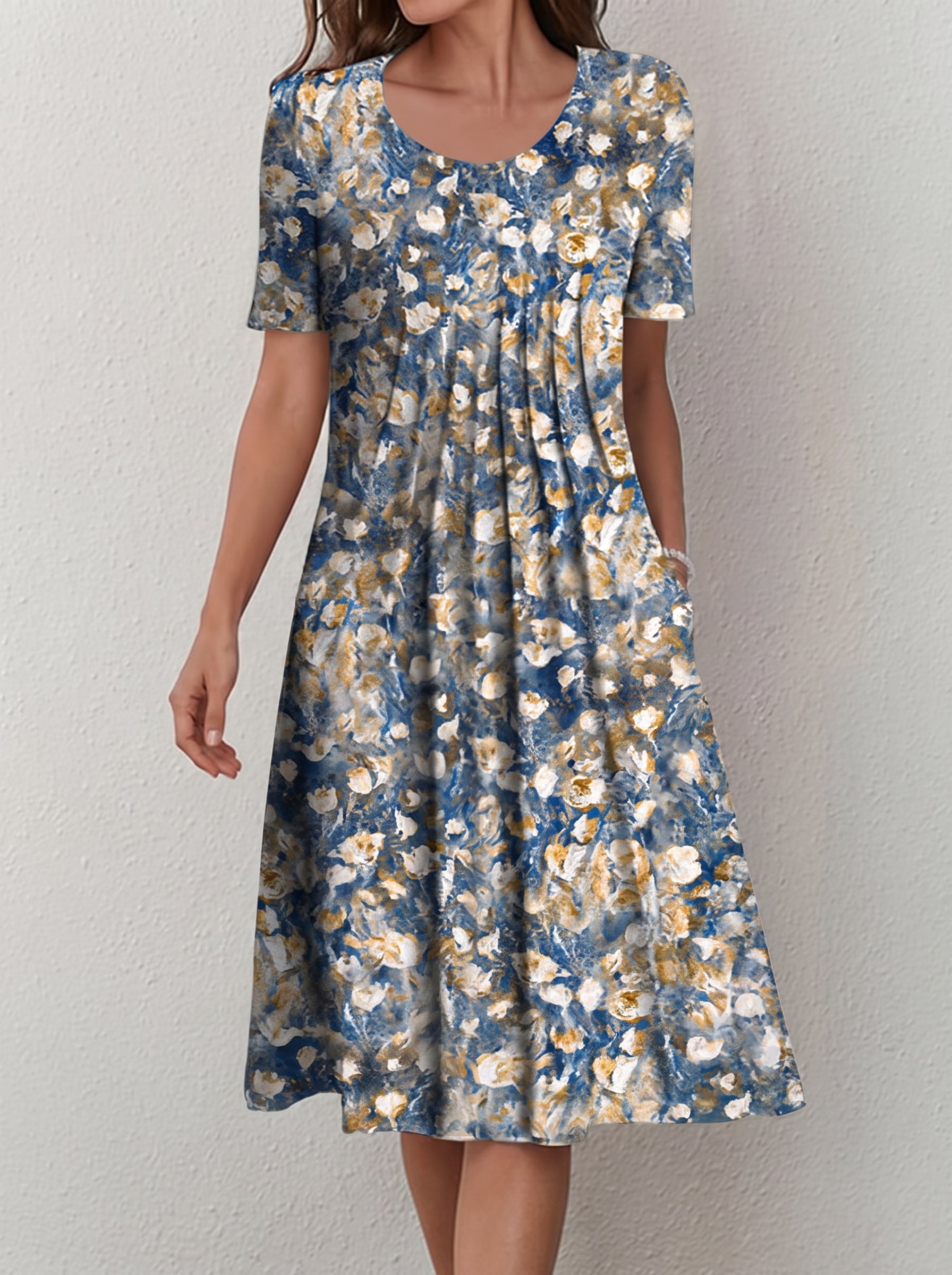 Women's Midi Dress Short Sleeve with Floral Print and Side Pockets