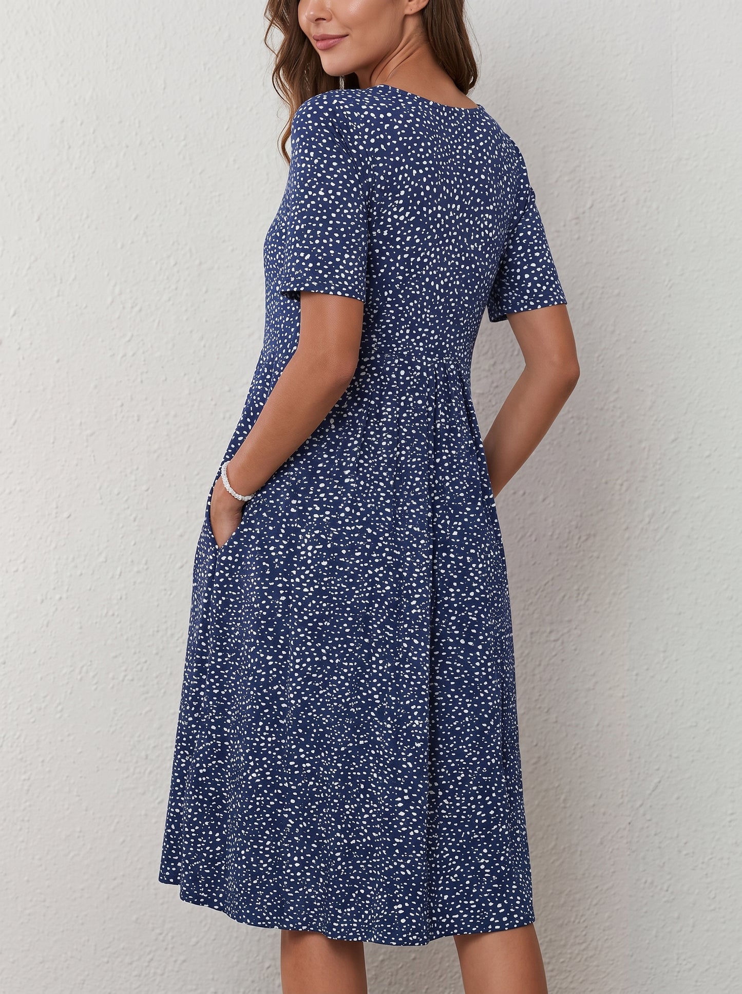 Women's Midi Dress Short Sleeve with Floral Print and Side Pockets