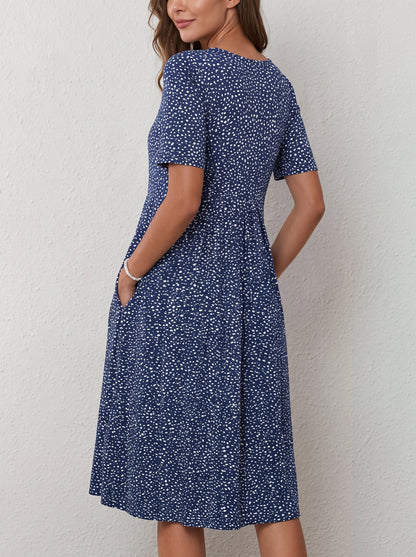 Women's Midi Dress Short Sleeve with Floral Print and Side Pockets