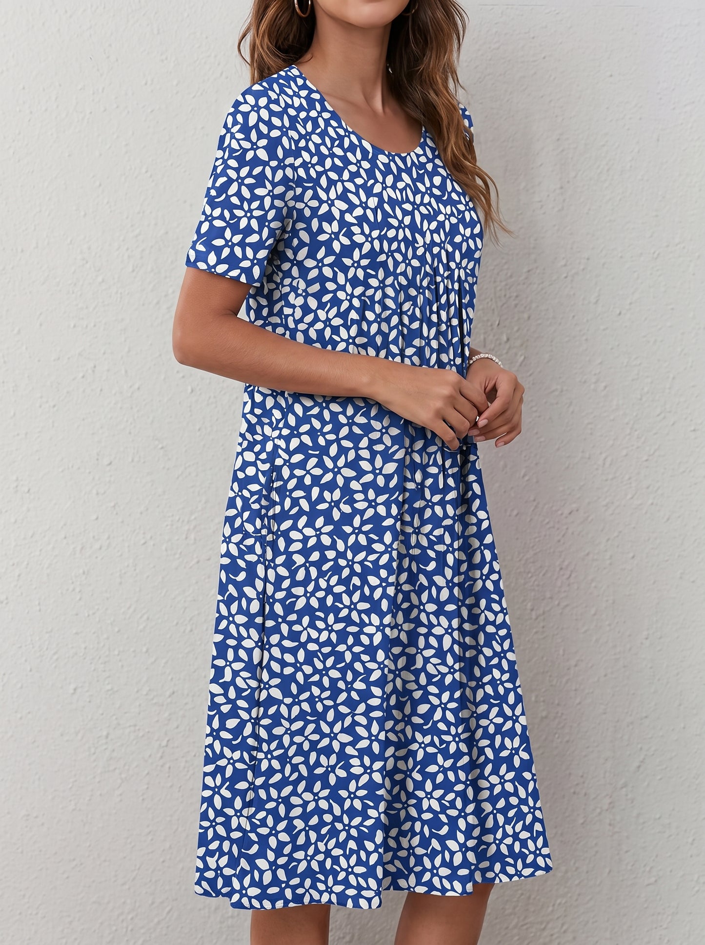 Women's Midi Dress Short Sleeve with Floral Print and Side Pockets