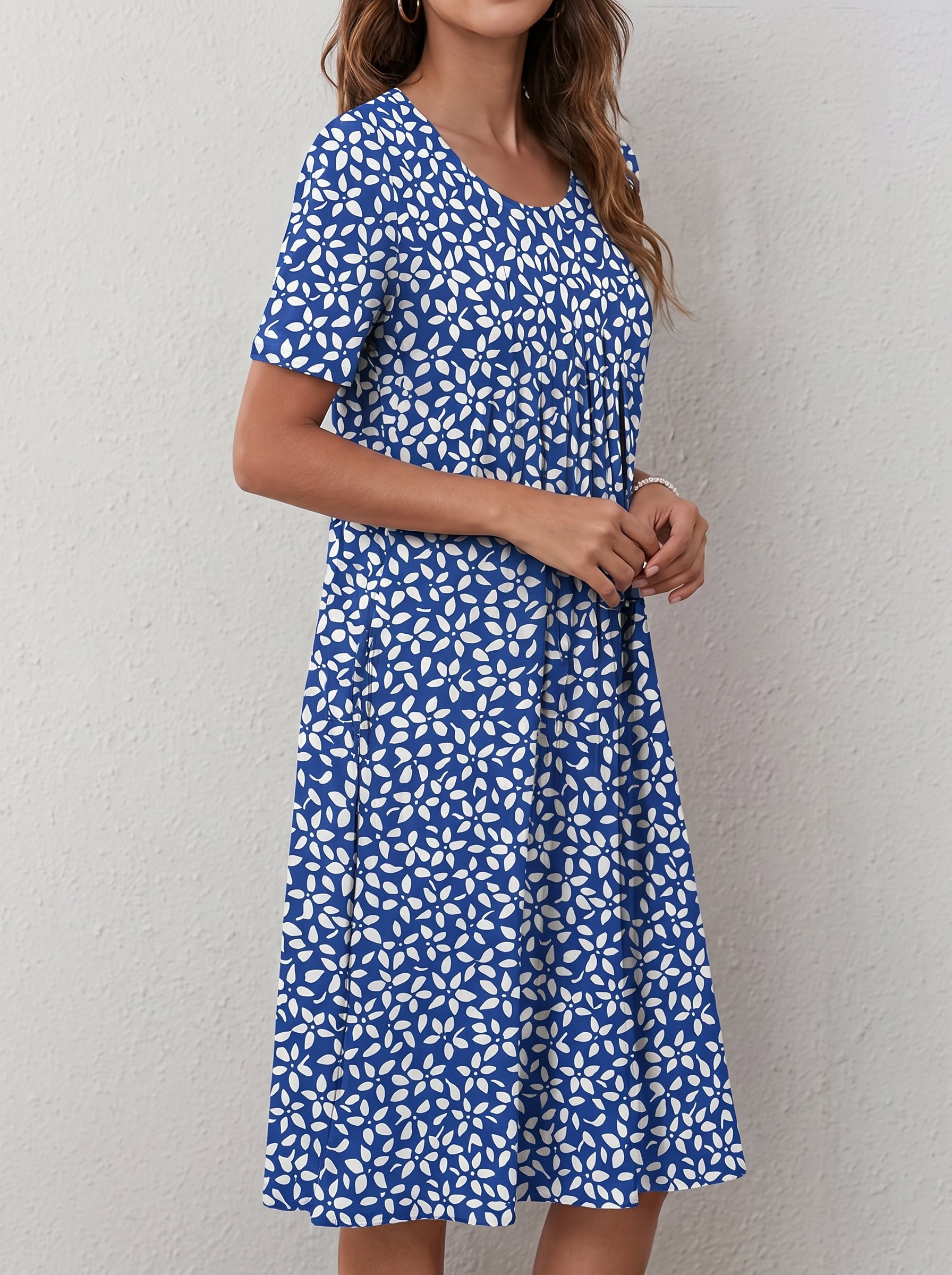 Women's Midi Dress Short Sleeve with Floral Print and Side Pockets