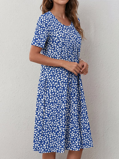 Women's Midi Dress Short Sleeve with Floral Print and Side Pockets