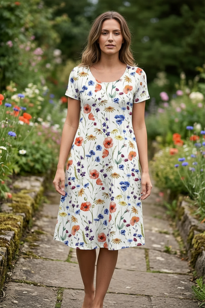 Women's Midi Dress Short Sleeve with Floral Print and Side Pockets