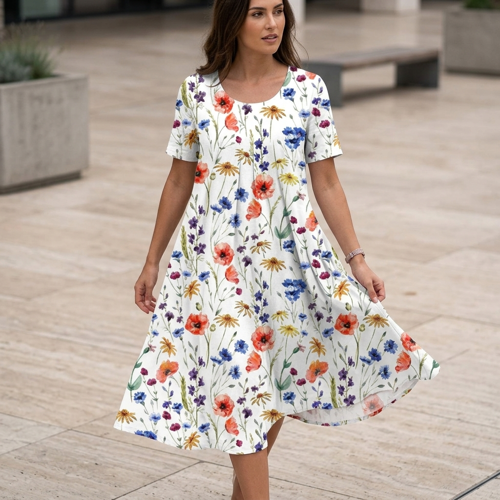 Women's Midi Dress Short Sleeve with Floral Print and Side Pockets
