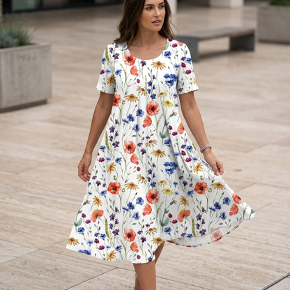 Women's Midi Dress Short Sleeve with Floral Print and Side Pockets
