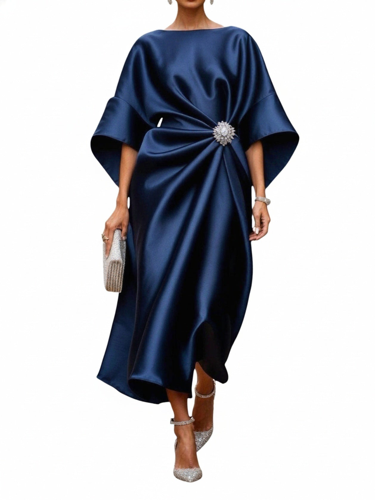 Women's Midi Dress with Bateau Neck, Kimono Sleeves and Rhinestone Brooch