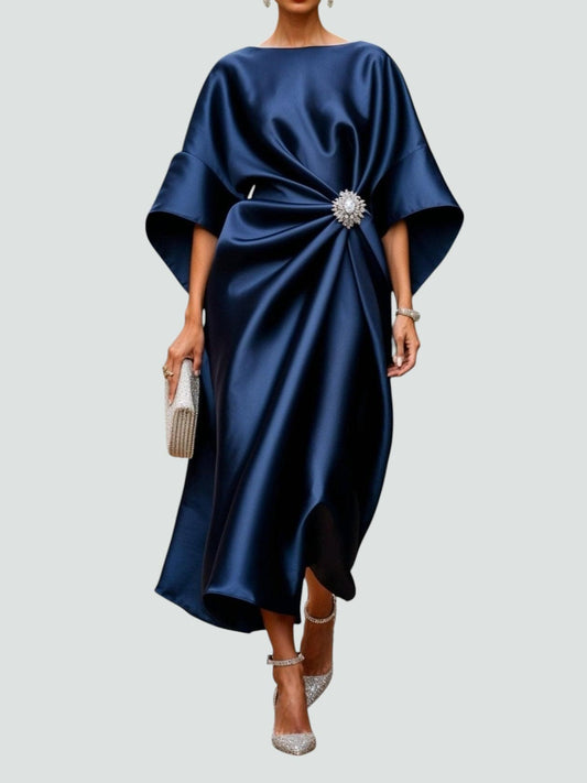 Women's Midi Dress with Bateau Neck, Kimono Sleeves and Rhinestone Brooch