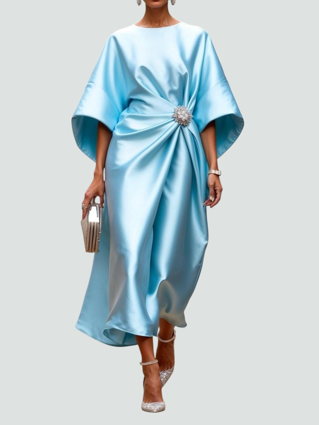 Women's Midi Dress with Bateau Neck, Kimono Sleeves and Rhinestone Brooch