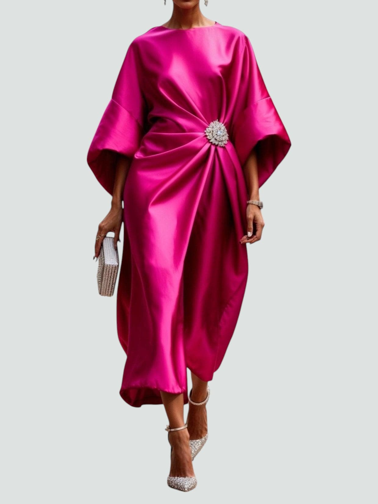 Women's Midi Dress with Bateau Neck, Kimono Sleeves and Rhinestone Brooch
