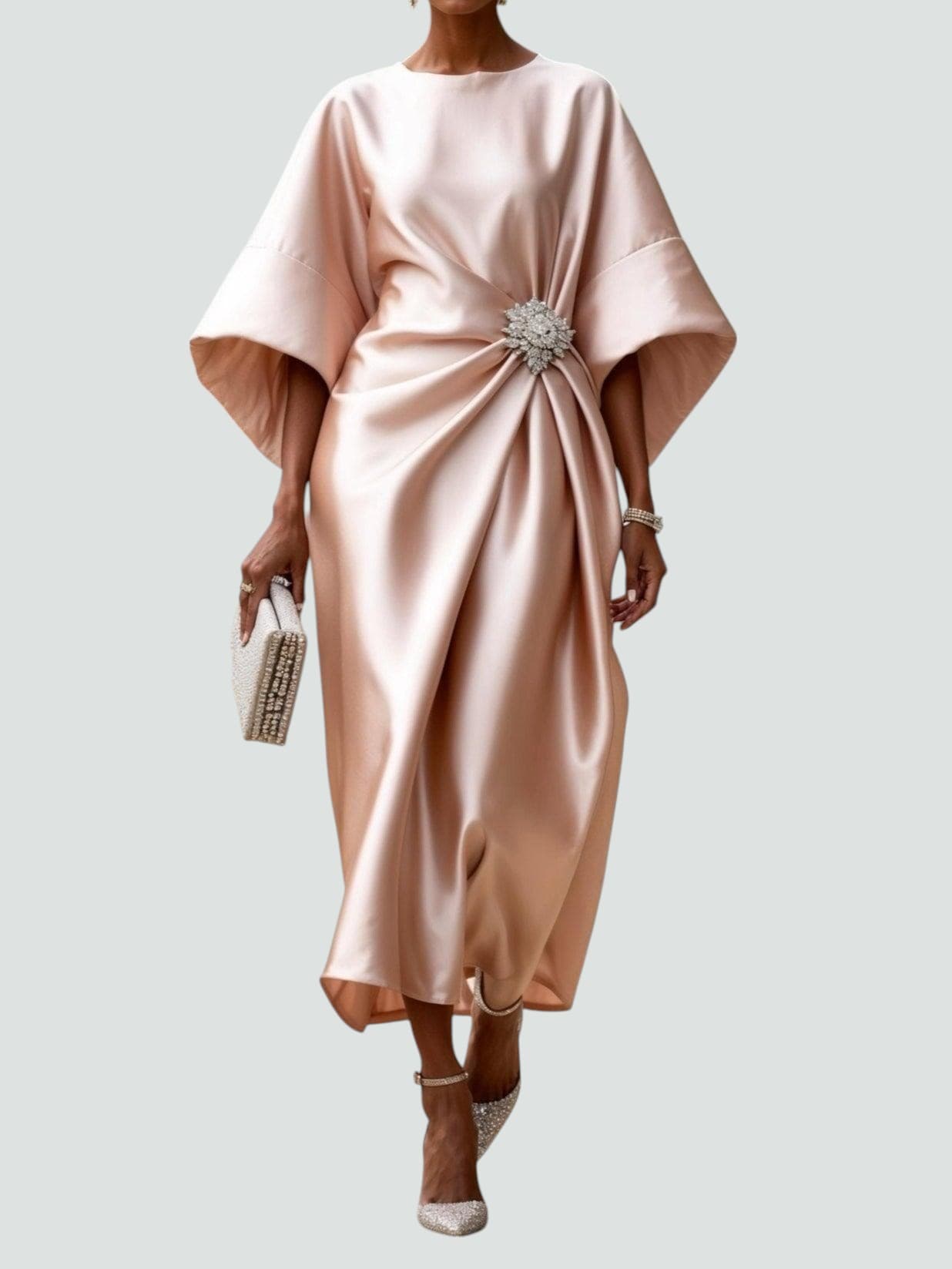 Women's Midi Dress with Bateau Neck, Kimono Sleeves and Rhinestone Brooch