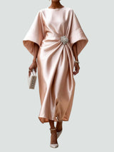Women's Midi Dress with Bateau Neck, Kimono Sleeves and Rhinestone Brooch
