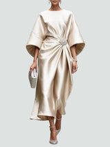 Women's Midi Dress with Bateau Neck, Kimono Sleeves and Rhinestone Brooch