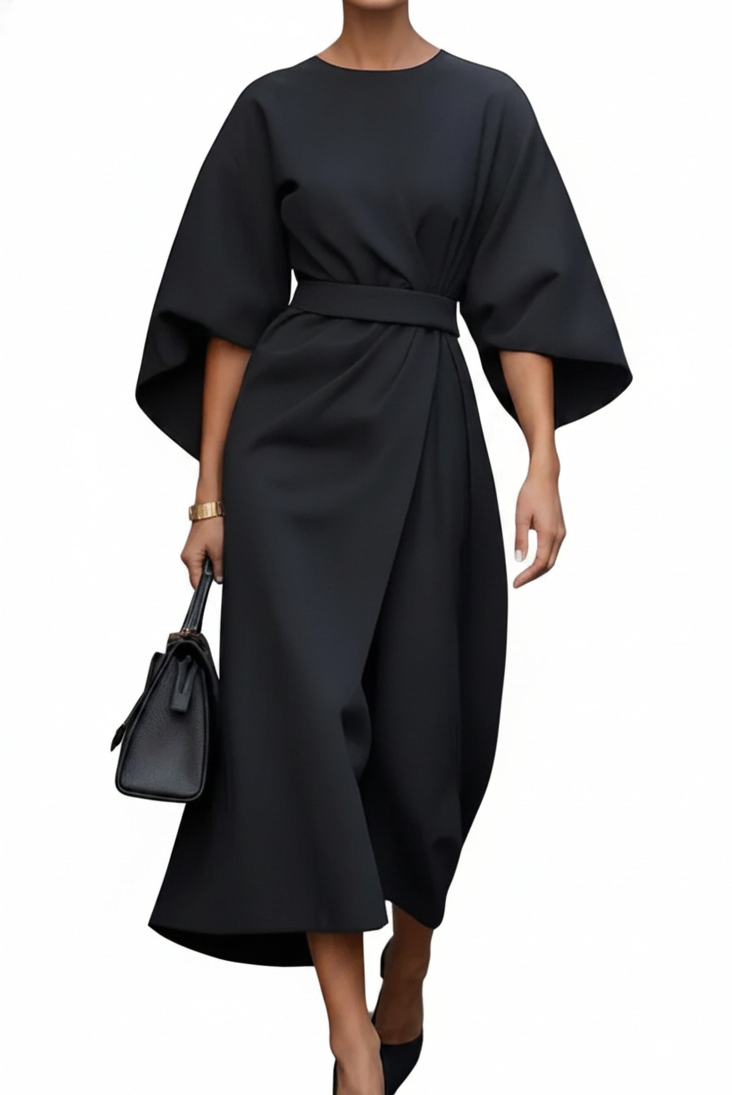 Women's Midi Dress with Batwing Sleeves, Round Neck and Wrap Belt