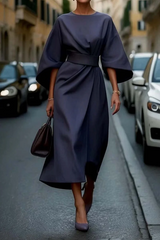 Women's Midi Dress with Batwing Sleeves, Round Neck and Wrap Belt
