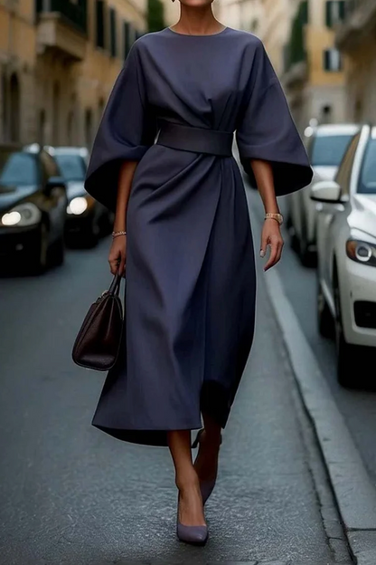 Women's Midi Dress with Batwing Sleeves, Round Neck and Wrap Belt