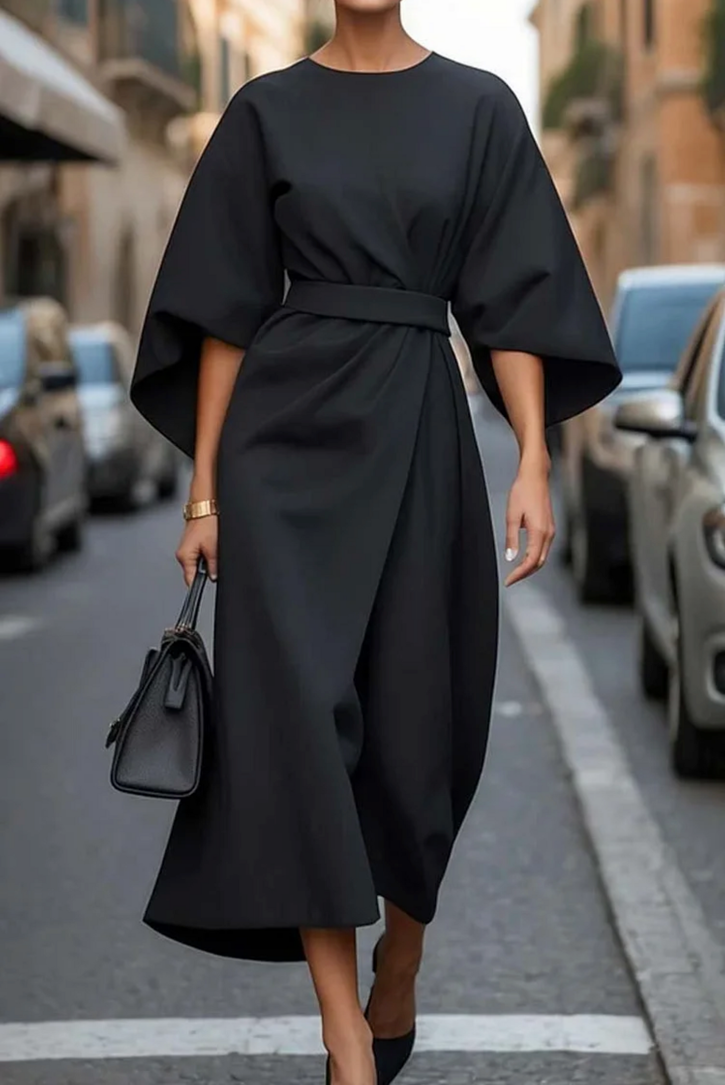 Women's Midi Dress with Batwing Sleeves, Round Neck and Wrap Belt