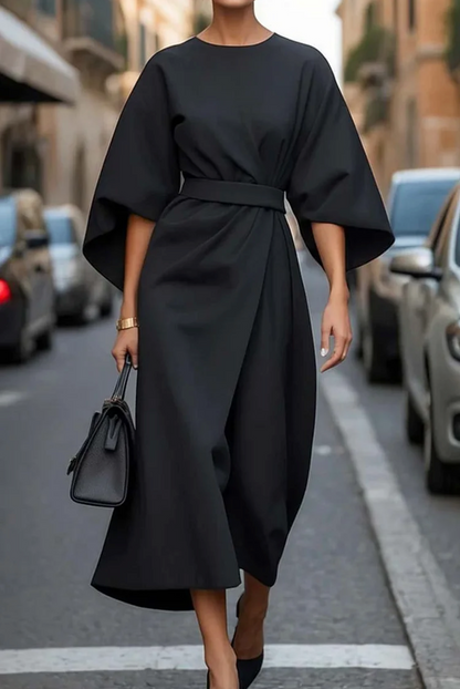 Women's Midi Dress with Batwing Sleeves, Round Neck and Wrap Belt