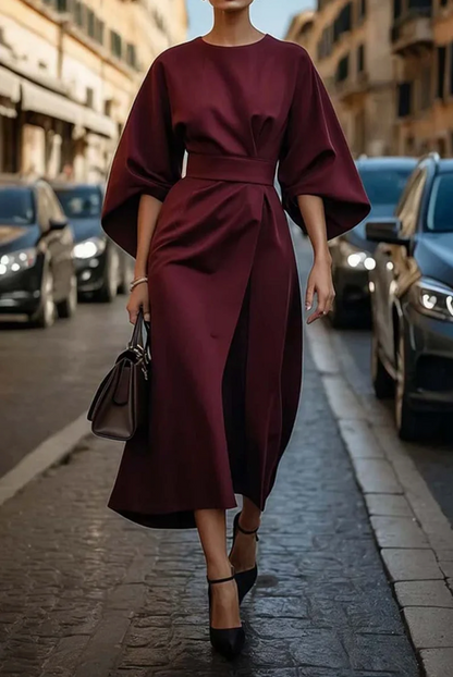 Women's Midi Dress with Batwing Sleeves, Round Neck and Wrap Belt