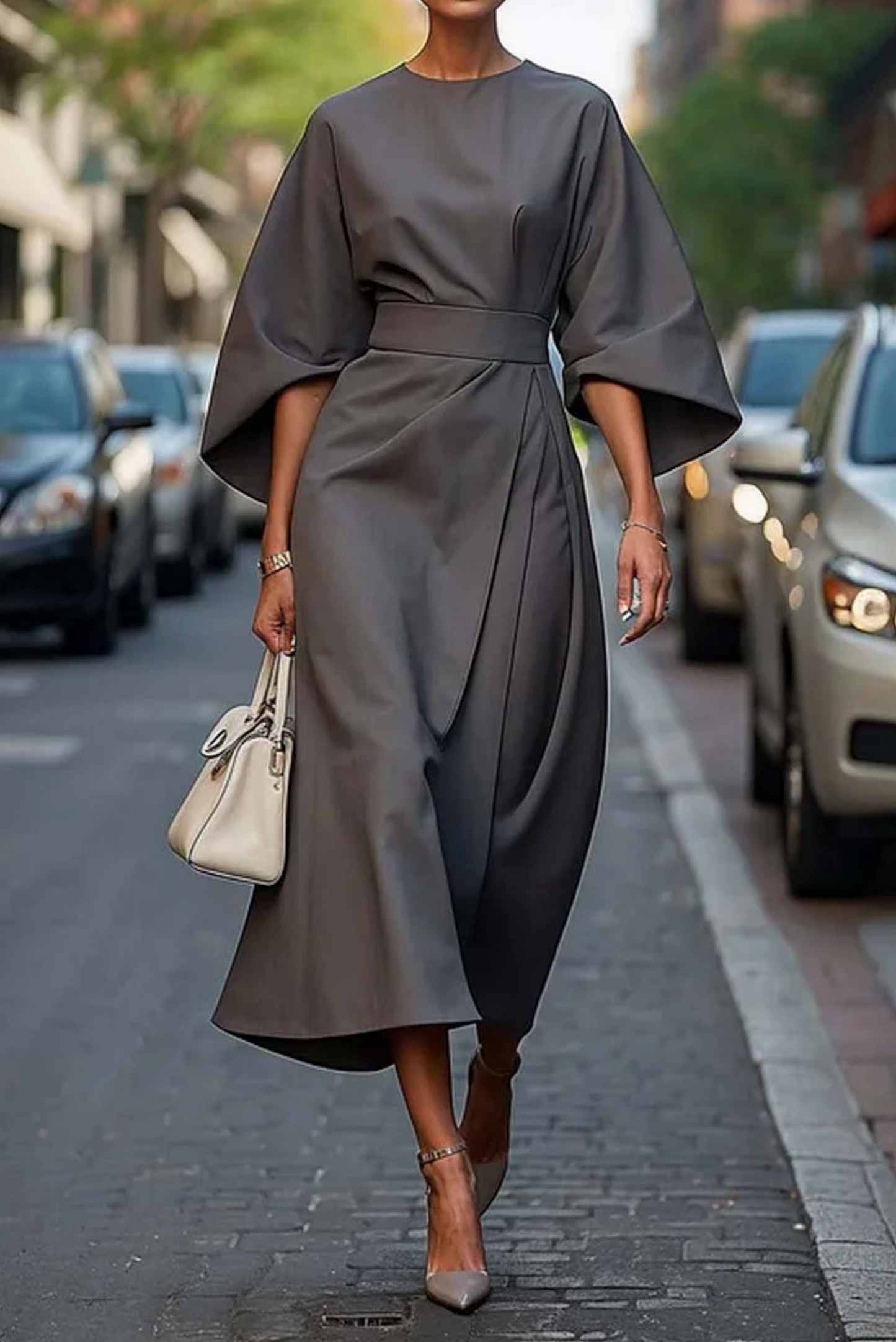 Women's Midi Dress with Batwing Sleeves, Round Neck and Wrap Belt