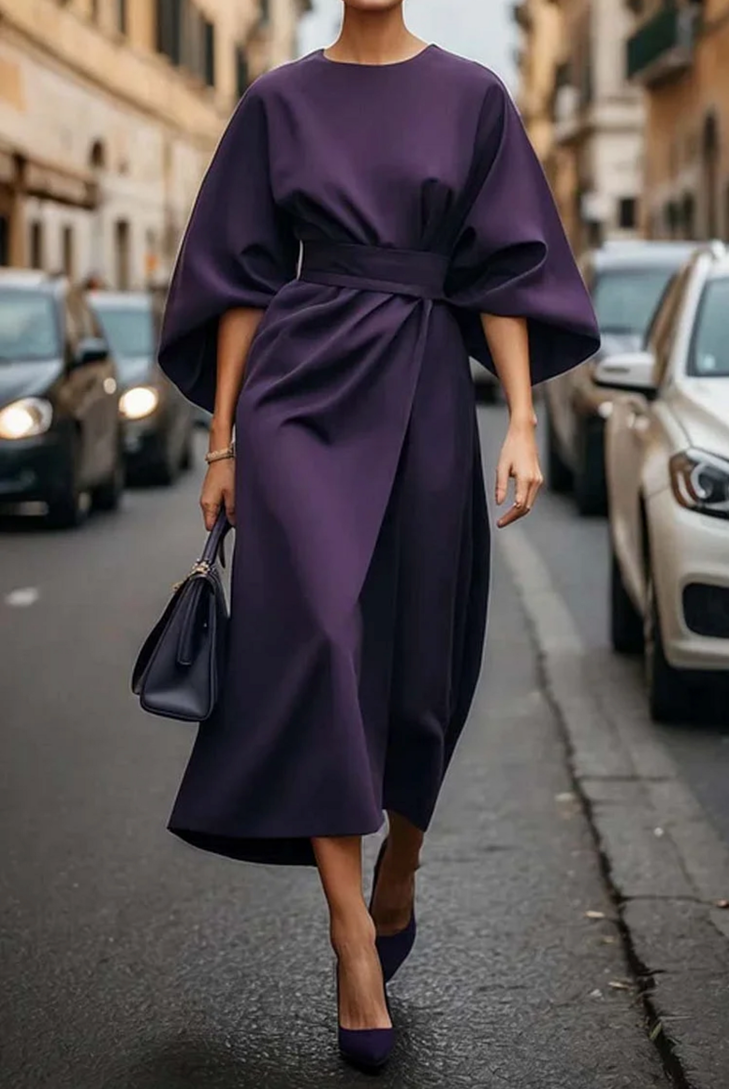 Women's Midi Dress with Batwing Sleeves, Round Neck and Wrap Belt