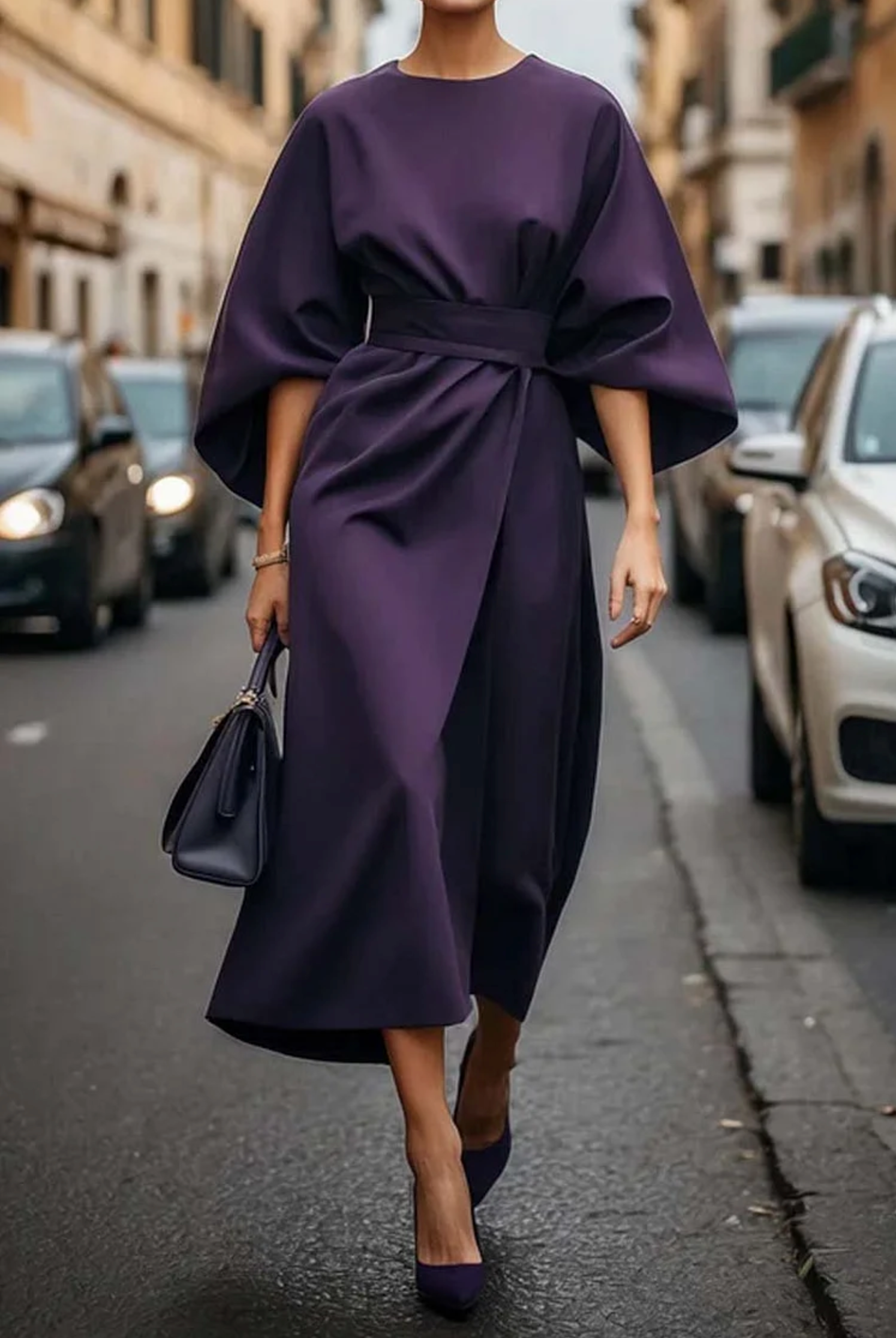 Women's Midi Dress with Batwing Sleeves, Round Neck and Wrap Belt