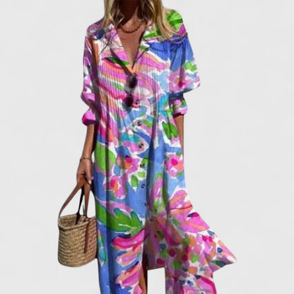 Women's Midi Dress with Button-Front and Printed Relaxed Fit