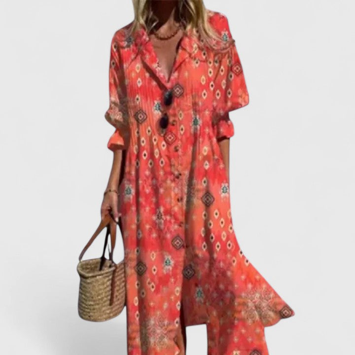 Women's Midi Dress with Button-Front and Printed Relaxed Fit