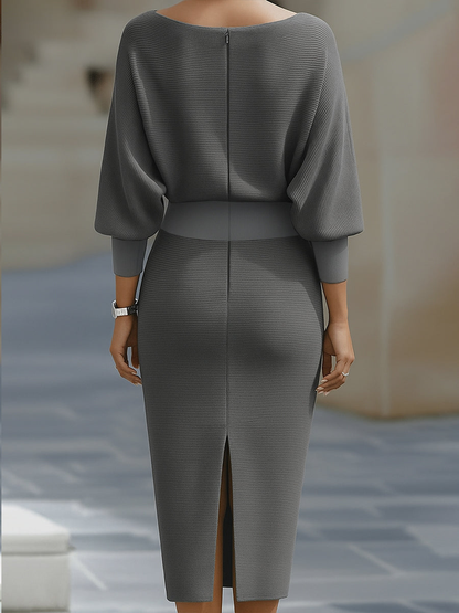 Women's Midi Dress with Cowl Neck and Batwing Sleeves Bodycon Fit