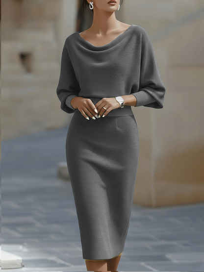 Women's Midi Dress with Cowl Neck and Batwing Sleeves Bodycon Fit