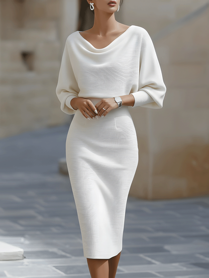 Women's Midi Dress with Cowl Neck and Batwing Sleeves Bodycon Fit
