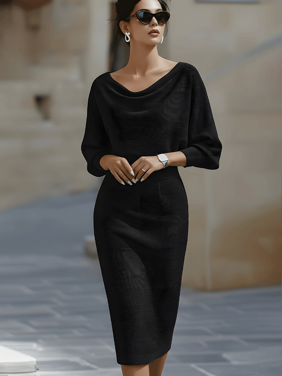 Women's Midi Dress with Cowl Neck and Batwing Sleeves Bodycon Fit
