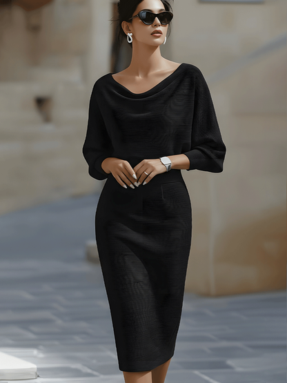Women's Midi Dress with Cowl Neck and Batwing Sleeves Bodycon Fit
