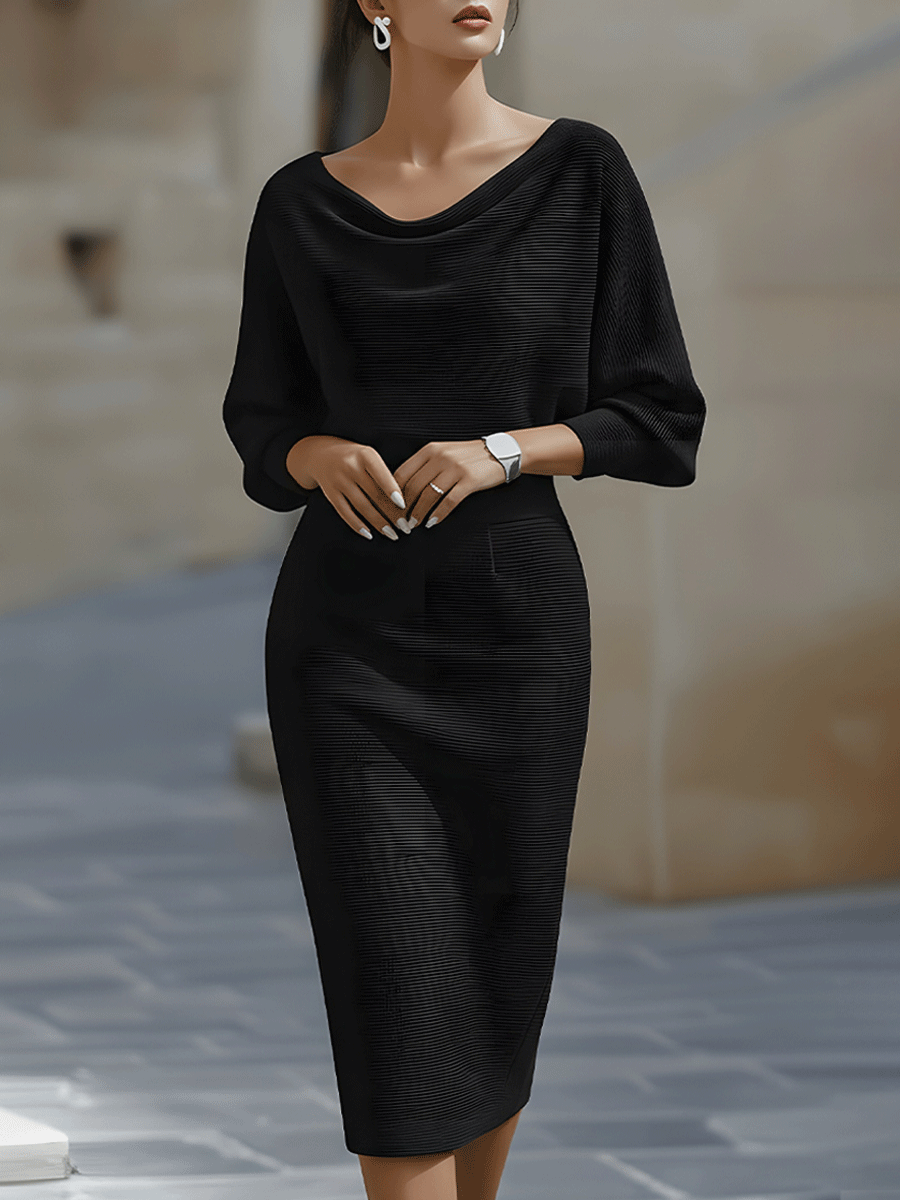 Women's Midi Dress with Cowl Neck and Batwing Sleeves Bodycon Fit