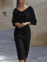 Women's Midi Dress with Cowl Neck and Batwing Sleeves Bodycon Fit